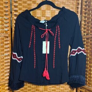 Mocha Black Blouse with Red Embroidery